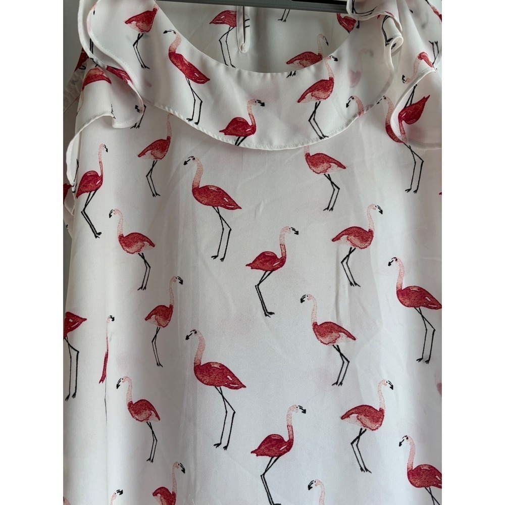 LOFT Flamingo Print Ruffle Neck Blouse Tank Top Size M Pink White - Picture 4 of 5